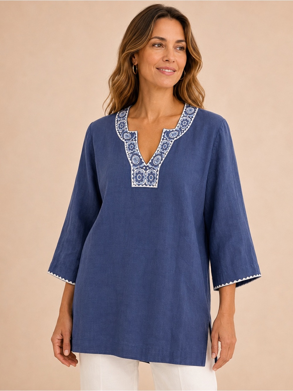 Pomegranate Blue Embroidered 100% Linen Tunic Top